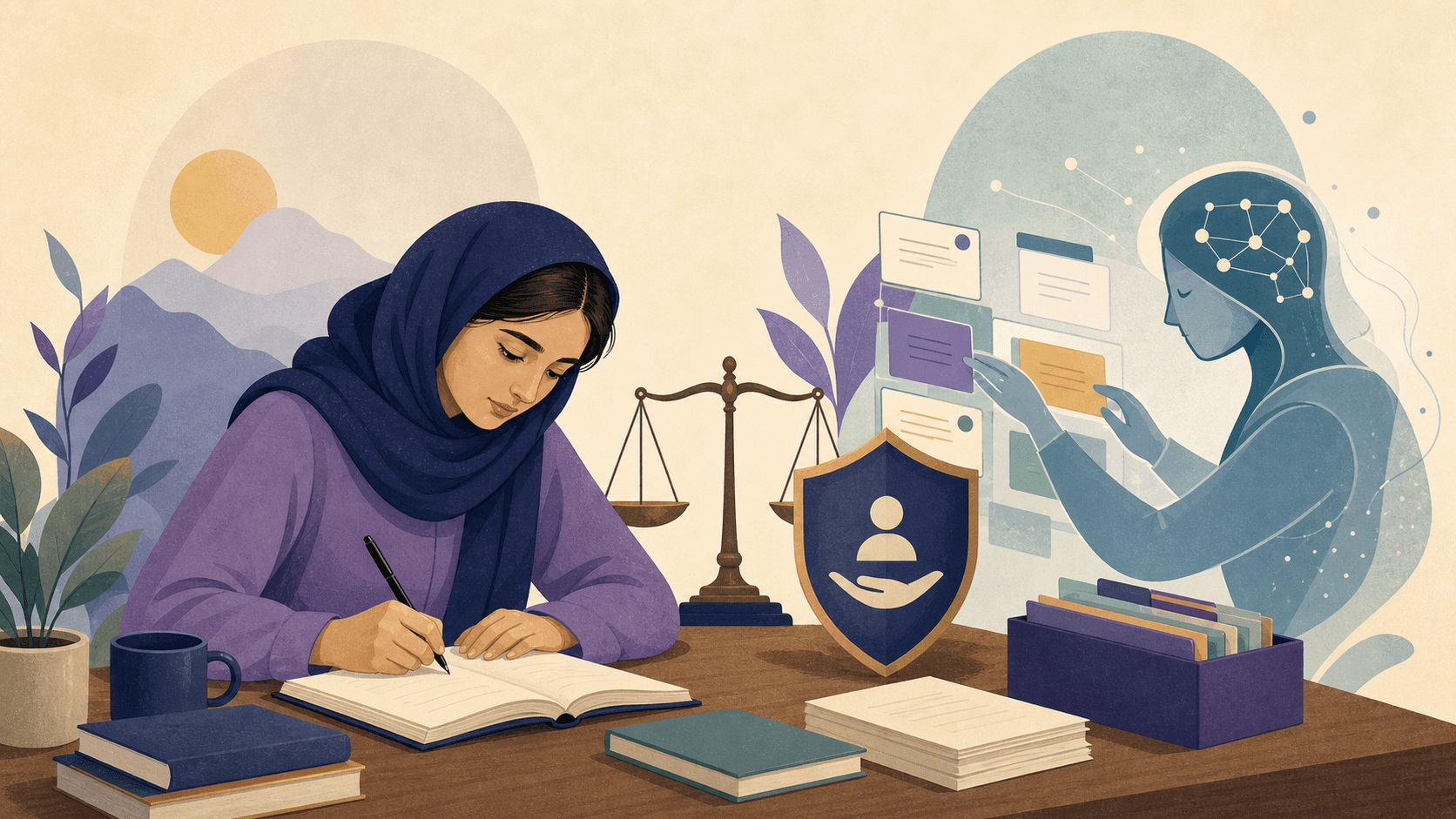 پژوهشگر در حال استفاده مسئولانه از هوش مصنوعی برای پایان‌نامه و کنترل منابع